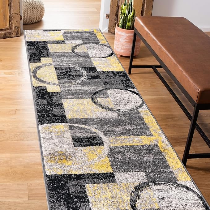 Rugshop Contemporary Circle Design Runner Rug, Non-Shedding Carpet for Hallway, Kitchen, or Entryway, Yellow, 2' x 7'2"
