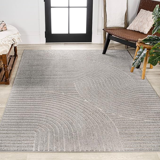 JONATHAN Y Hallie High-Low Curve Gray/Ivory Indoor/Outdoor Area Rug, 12x18, Minimalist, Pet Friendly, Non-Shedding, Stain Resistant, Hose-Washable for Backyard, Patio, Porch (SCN100A-18)