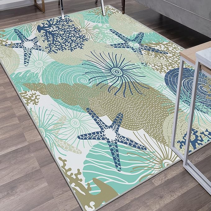 Tritard Coastal Area Rugs Nautical Beach Themed Non-Slip Machine Washable Rugs Modern Floor Carpet for Living Room Bedroom, 8x10, Navy