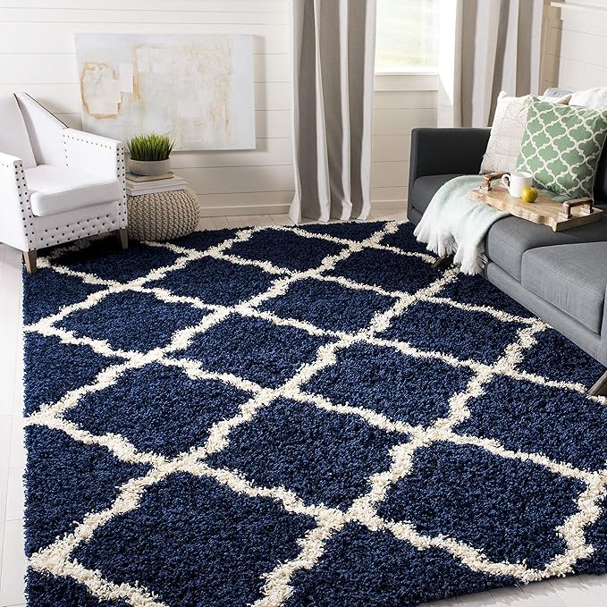SAFAVIEH Dallas Shag Collection Area Rug - 10' Square, Navy & Ivory, Trellis Design, Non-Shedding & Easy Care, 1.5-inch Thick Ideal for High Traffic Areas in Living Room, Bedroom (SGD257N)