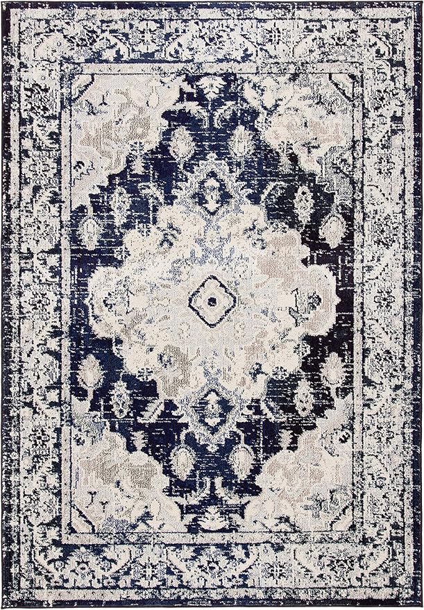 SAFAVIEH Monaco Collection Area Rug - 8' x 10', Ivory & Navy, Boho Chic Medallion Distressed Design, Non-Shedding & Easy Care, Ideal for High Traffic Areas in Living Room, Bedroom (MNC243C)