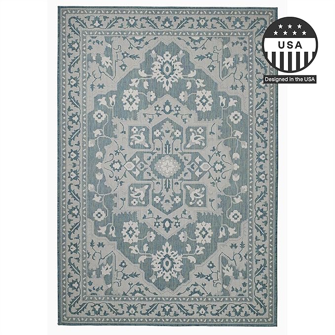 FH Home Flat Woven Outdoor Rug - Waterproof, Easy to Clean, Stain Resistant - Premium Polypropylene Yarn - Vintage - Patio, Porch, Deck, Balcony - Shiraz - Ocean - 5ft 4in x 7ft 6in