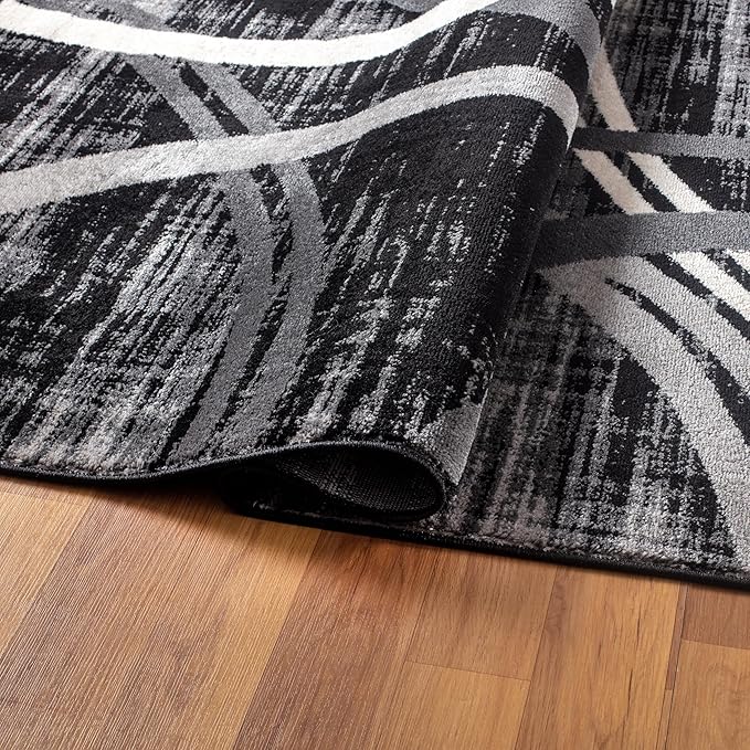Rugshop Modern Wavy Circles Design Area Rug, Carpet with Jute Backing for Living Room, Bedroom, or Home Office, Black, 5'3" x 7'3"