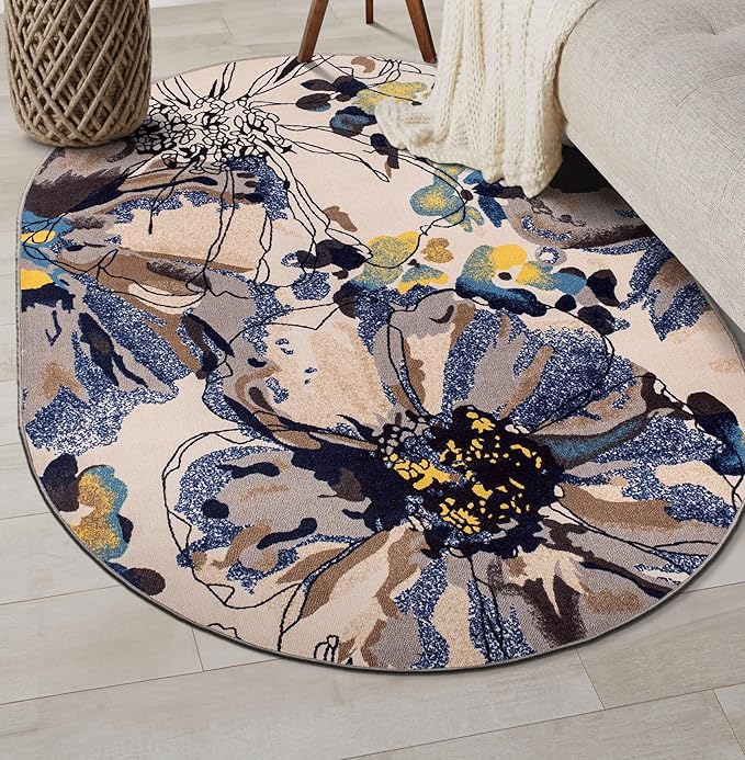 Rugshop Cream Bright Flowers Non Slip Non-Shedding Oval Area Rug for Dining Room, Living Room and Bedroom, 5' x 7'
