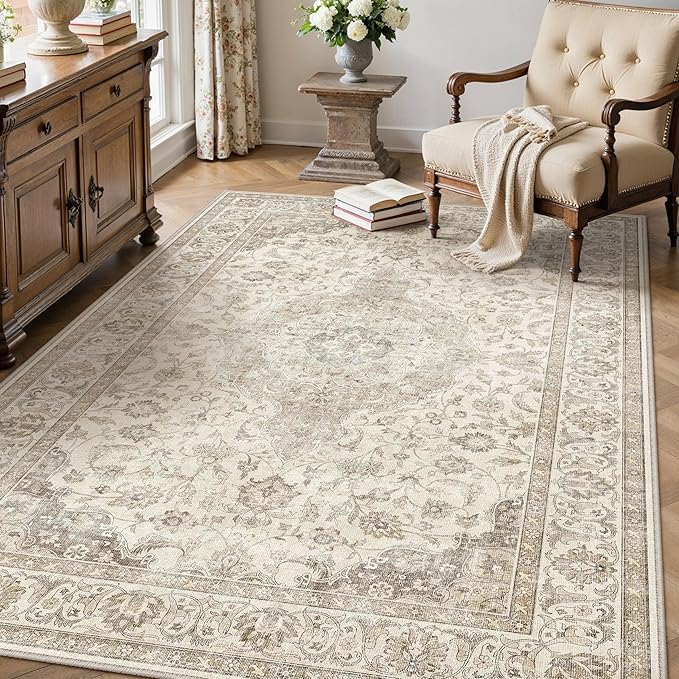 HUGEAR 3x5 Entryway Area Rug Vintage Brown Small Rug Machine Washable Door Mat Neutral Floral Low Pile Carpet Vacuumable Thin Throw Rug Entrance Kitchen Bedroom Bathroom Non Slip Lightweight