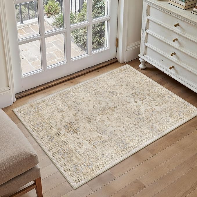 HUGEAR 2x3 Entryway Rug Retro Beige Small Area Rug Machine Washable Door Mat Vintage Floral Low Pile Carpet Vacuumable Distressed Throw Rug Entrance Kitchen Bathroom Bedroom Non Slip Lightweight
