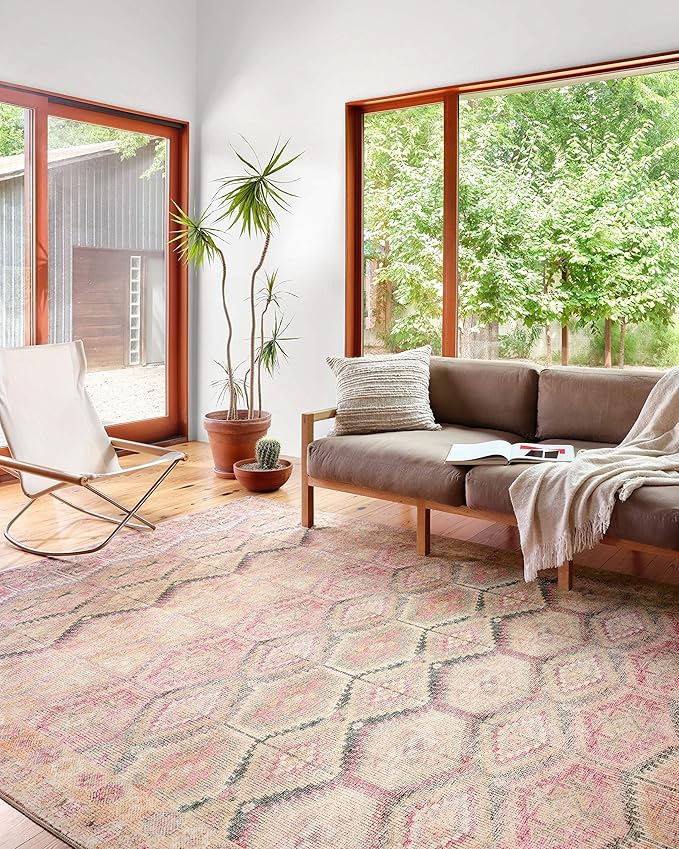 Loloi Layla Collection LAY-17 Pink/Lagoon 5'-0" x 7'-6" .13" Thick Area Rug, Soft, Durable, Vintage Inspired, Distressed, Low Pile, Non-Shedding, Easy Clean, Printed, Living Room Rug