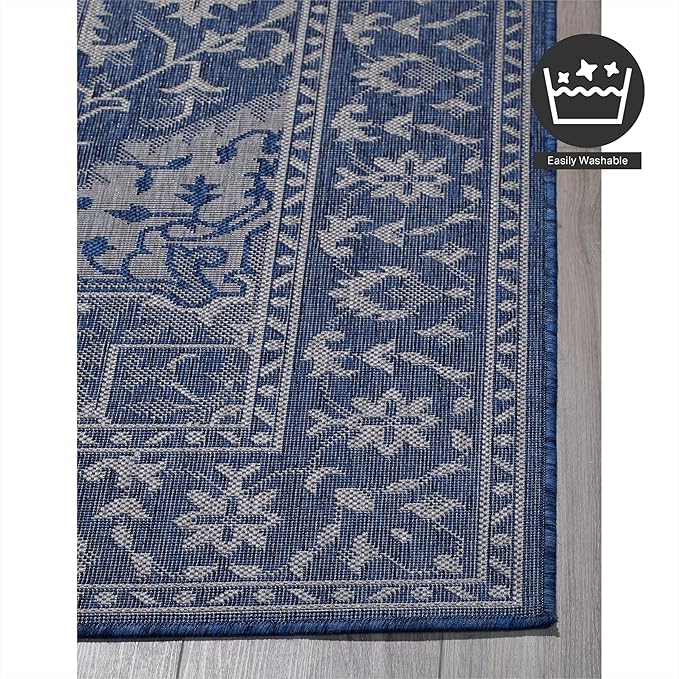 FH Home Flat Woven Outdoor Rug - Waterproof, Easy to Clean, Stain Resistant - Premium Polypropylene Yarn - Vintage - Patio, Deck, Porch,Balcony,Laundry Room - Amol - Blue - 3ft 11 in x 5ft 6in