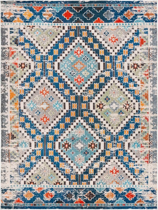 SAFAVIEH Madison Collection Area Rug - 9' x 12', Navy & Beige, Boho Diamond Distressed Design, Non-Shedding & Easy Care, Ideal for High Traffic Areas in Living Room, Bedroom (MAD418M)