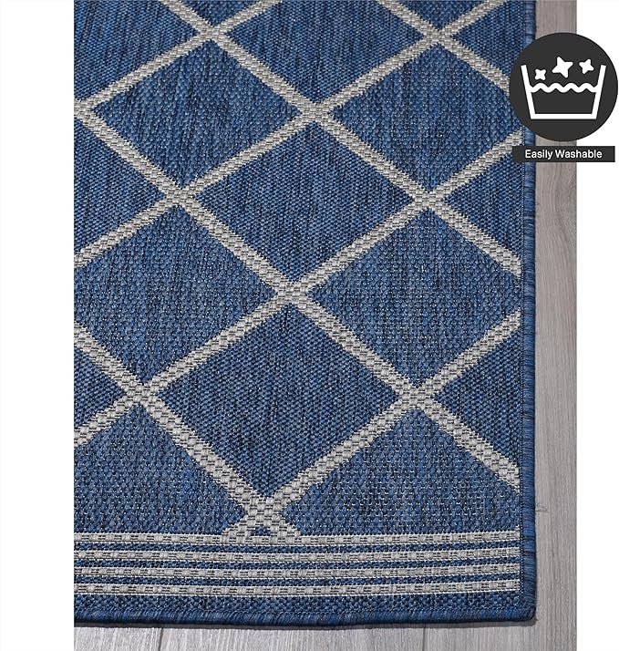 FH Home Flat Woven Outdoor Rug - Waterproof, Easy to Clean, Stain Resistant - Premium Polypropylene Yarn - Moroccan Geo Lattice - Patio,Deck,Porch,Balcony,Laundry - Tunis - Blue - 3ft 11 in x 5ft 6in