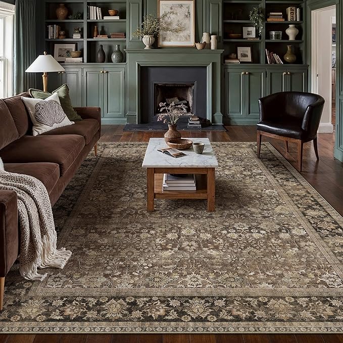 HUGEAR 6x9 Machine Washable Rugs Brown Hallway Large Area Rug Indoor Accent Rug Floral Low Pile Carpet Soft Throw Aesthetic Rug Bedroom Living Room Office Dining Room Kitchen Laundry Room