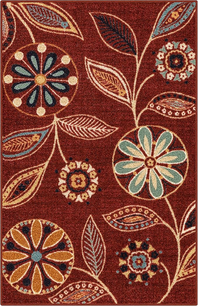 Maples Rugs Reggie Floral Kitchen Rug - Made in USA - Washable, Non Slip Indoor Carpet for Entryway, Foyer, Kitchen, and Bathroom, 2'6 x 3'10, Merlot