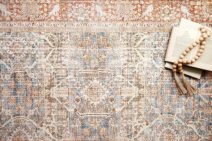 Loloi Layla Collection LAY-04 Ocean/Rust 2'-0" x 5'-0" .13" Thick Accent Rug, Soft, Durable, Vintage Inspired, Distressed, Low Pile, Non-Shedding, Easy Clean, Printed, Living Room Rug