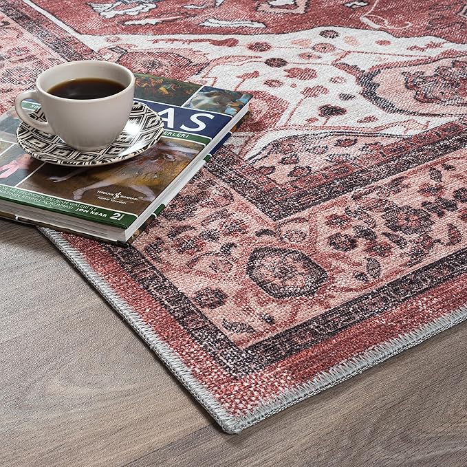 Fame Rugs Turkish Rug. Washable Vintage Oriental Antique Inspired Traditional Doormat Small Modern Area Rugs Luxury Entryway Entry Bedroom Bathroom Kitchen (404RR, 7'5 x 9'9)