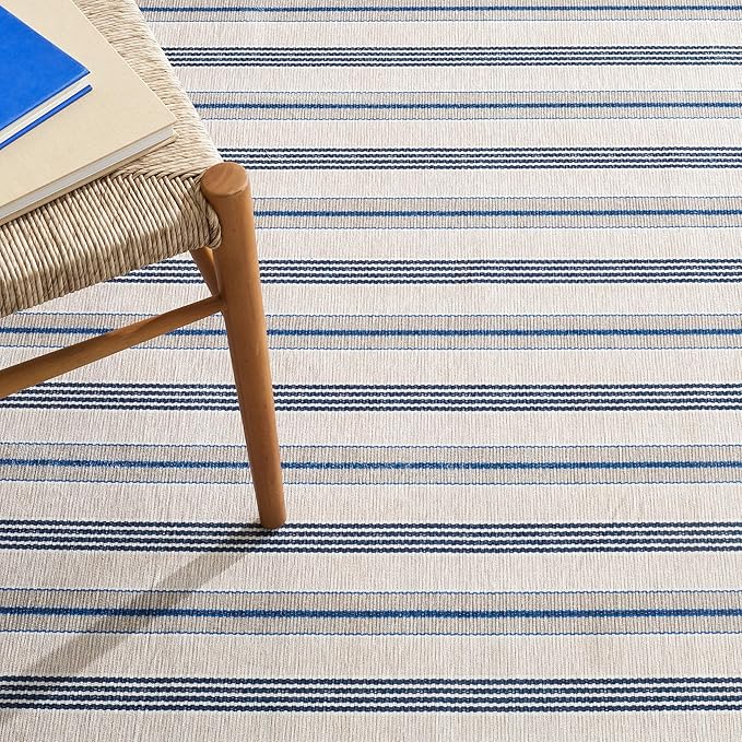 Dash & Albert Nimes Ticking Neutral Machine Washable Rug, 8.5 X 11.5 Feet, Blue Stripe Pattern