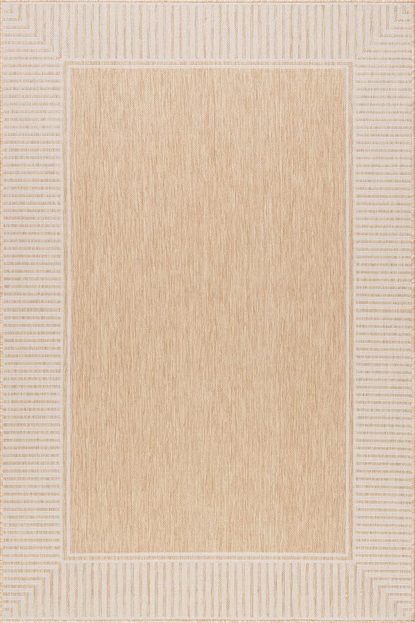 Nuloom Asha Tan/Ivory, 6'7" x 9', Casual, Striped Border, Soft and Cozy, High Traffic, Stain Resistant, Easy Clean, Durable Area Rug for Indoor/Outdoor Patio, Deck, Porch, Garden, Courtyard