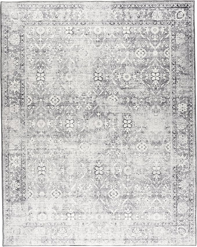 ReaLife Rugs Machine Washable Area Rug - Living Room Bedroom Bathroom Kitchen Entryway Office - Padded Low Pile Stain Resistant Premium - Boho Farmhouse Vintage - Noor - Silver Ivory 5' x 7'