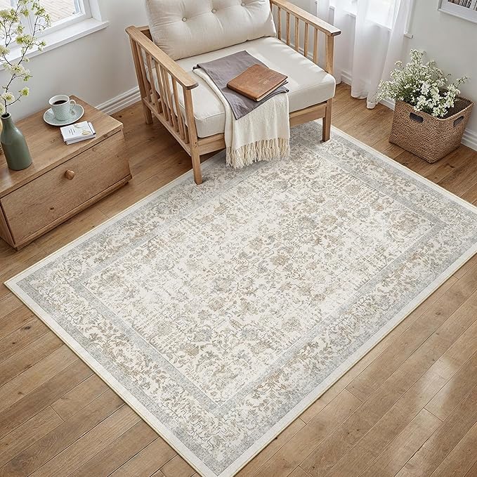 Taupe Area Rug 4x5 Office Entryway Rug Machine Washable Kitchen Vintage Distressed Non Slip Carpet Indoor Retro Floral Accent Throw Door Mat for Bathroom Bedroom Dining Living Room