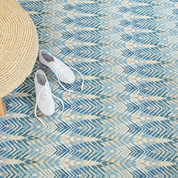 Dash & Albert Seneca Blue Machine Washable Rug, 3 X 5 Feet, Blue Graphic Pattern
