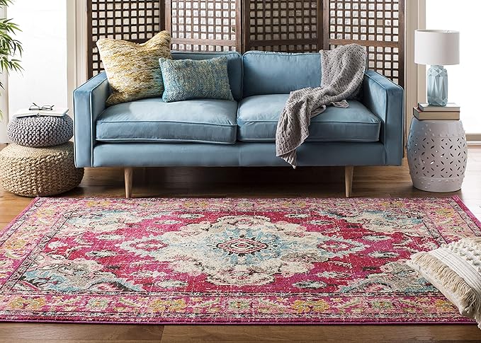 SAFAVIEH Monaco Collection Area Rug - 3' Square, Pink & Multi, Boho Chic Medallion Distressed Design, Non-Shedding & Easy Care, Ideal for High Traffic Areas in Living Room, Bedroom (MNC243D)