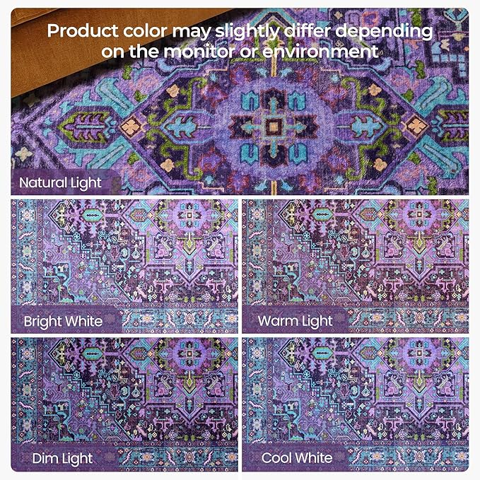 Kokia 9x12 Washable Area Rugs Violet Purple with Vintage Orient Design, Soft Rug for Living Room or Bedroom, Non-Slip Low Pile Stain Resistance Features, Distressed Medallion Pattern