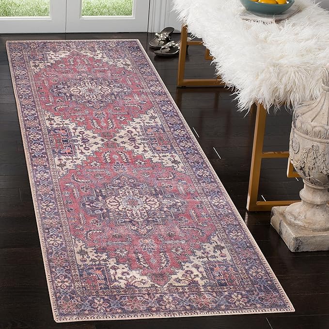 GLN Rugs Traditional Collection - Machine Washable Area Rug, Traditional Washable, Non Slip, Low Pile Chenille Rug, Living Room, Bedroom, Kitchen Rug (2'6" x 7' Multi Blue)