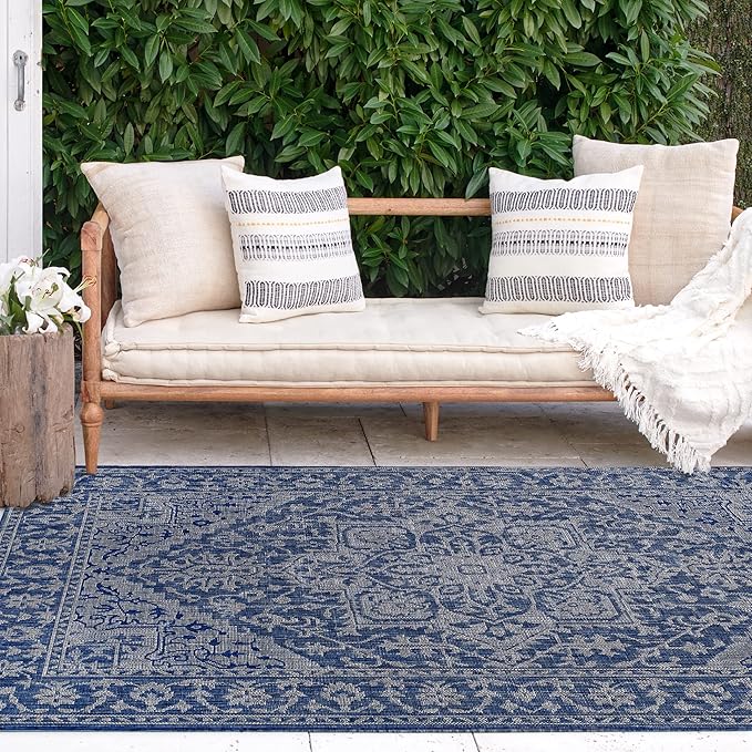 FH Home Flat Woven Outdoor Rug - Waterproof, Easy to Clean, Stain Resistant - Premium Polypropylene Yarn - Vintage - Large Patio, Deck, Sunroom - Amol - Blue - 7ft 10 in x 10ft 9in