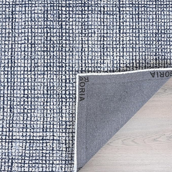 Hand-Tufted 100% Wool Pile Area Rug – Geometric Textured Grid Check Pattern – Thick and Durable Floor Carpet for Bedroom, Living Room, Kids Room, and Dining Area (Navy Blue, 5' x 8')