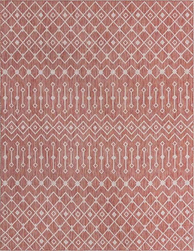 Unique Loom Outdoor Trellis Collection Area Rug - Tribal Trellis (10' x 13' 1" Rectangle, Rust Red/ Ivory)