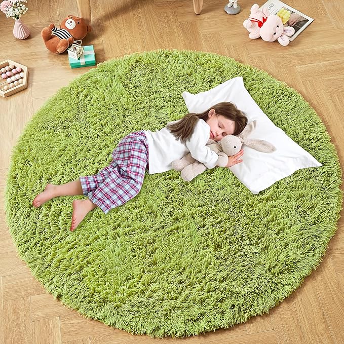 Andency Grass Green Round Area Rug for Bedroom, Soft Shag Circle Rug 6x6 for Room, Fluffy Faux Fur Carpet for Home Decor, Circular Fuzzy Plush Rug for Living Room, Playroom
