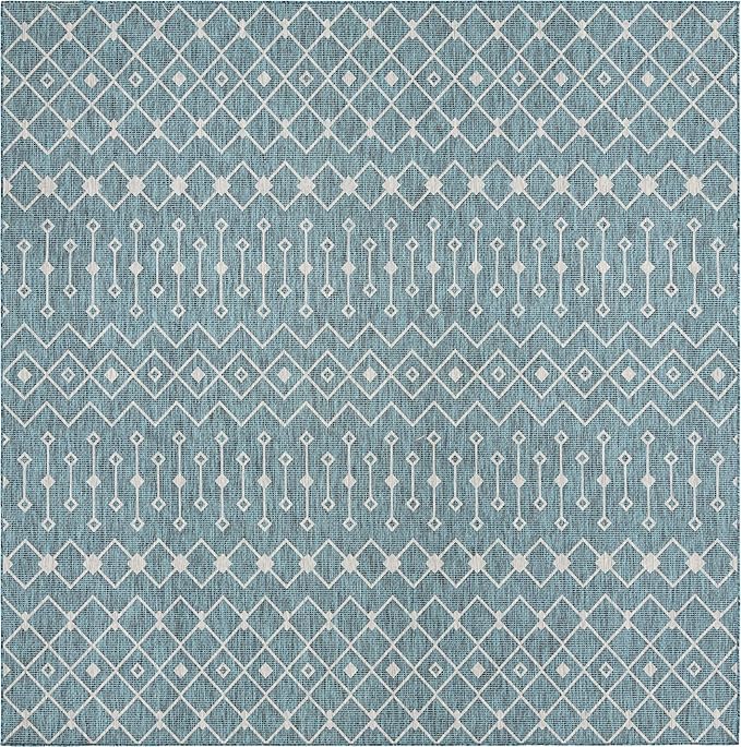 Unique Loom Outdoor Trellis Collection Area Rug - Tribal Trellis (10' 8" Square, Teal/ Ivory)