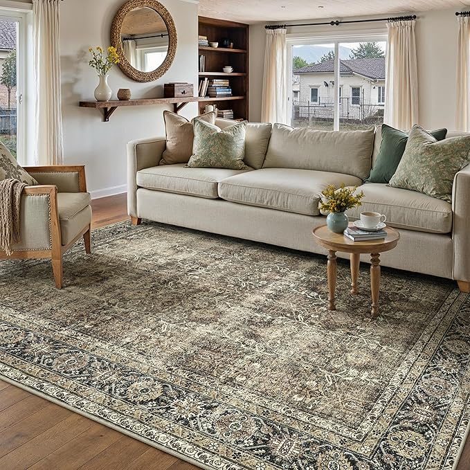 Vintage Area Rug 9x12 Brown Washable Living Room Large Carpet Non Slip Bedroom Indoor Office Low Pile Traditional Distressed Retro Accent Rug for Dining Room