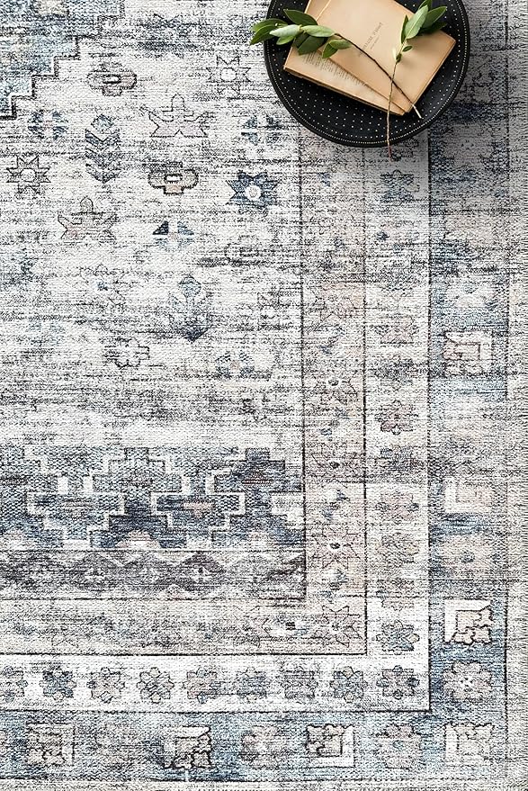 Fame Living Faded Oushak Rug, Turkish Vintage Floral Pastel Large Oversized Area Rugs for Living Room Dining Bedroom Kitchen Bathroom Nursery (848CrNv, 2' x 3')