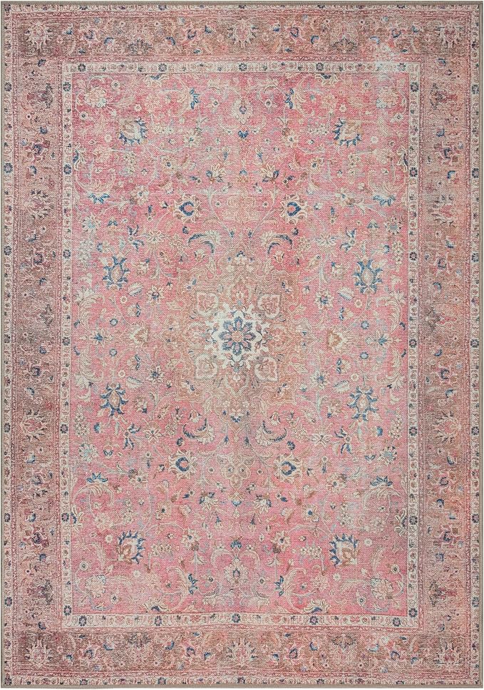 GLN Rugs Traditional Collection - Machine Washable Area Rug, Traditional Washable, Non Slip, Low Pile Chenille Rug, Living Room, Bedroom, Kitchen Rug (9' x 12' Pink/Cream)