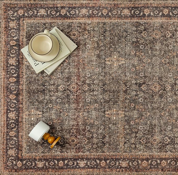Entryway Area Rug 4x6 Brick Red Vintage Washable Office Carpet Traditional Distressed Indoor Entry Soft Non Slip Small Door Mat Retro Low Pile Thin Rug for Kitchen Laundry Bedroom