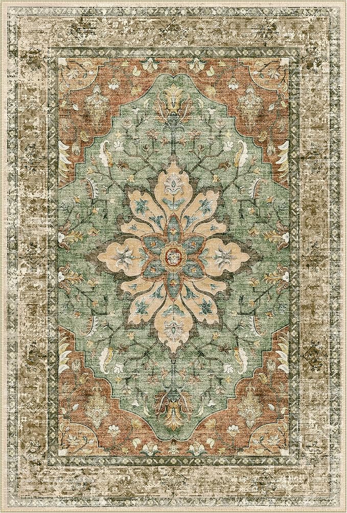 Area Rugs Square 7ft Washable Non-Slip, Floral Vintage Distress Print Pattern Medallion Carpet for Living Room Bedroom Dining Room, Brick Red Rust Neutral Brown Burnt Orange Green