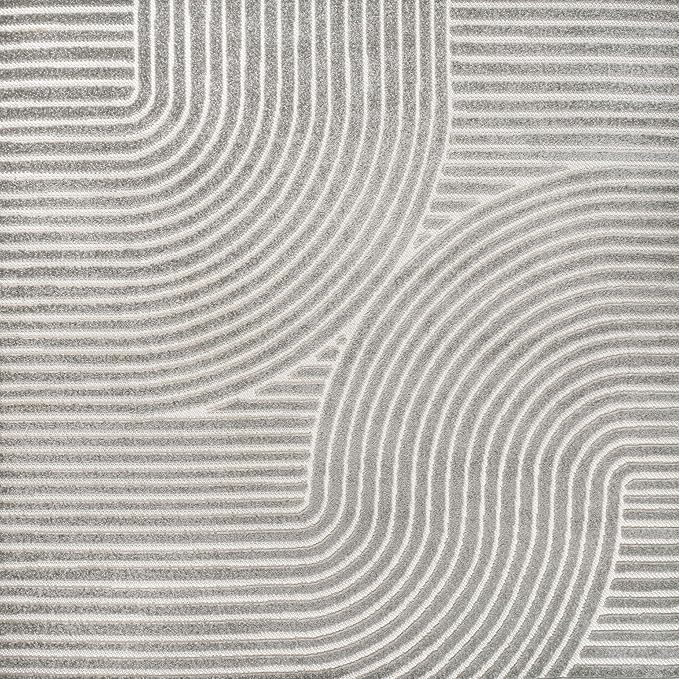 JONATHAN Y Hallie High-Low Curve Gray/Ivory 7x7 Square Indoor/Outdoor Area Rug, Minimalist, Pet Friendly, Non-Shedding, Stain Resistant, Hose-Washable for Backyard, Patio, Porch (SCN100A-7SQ)