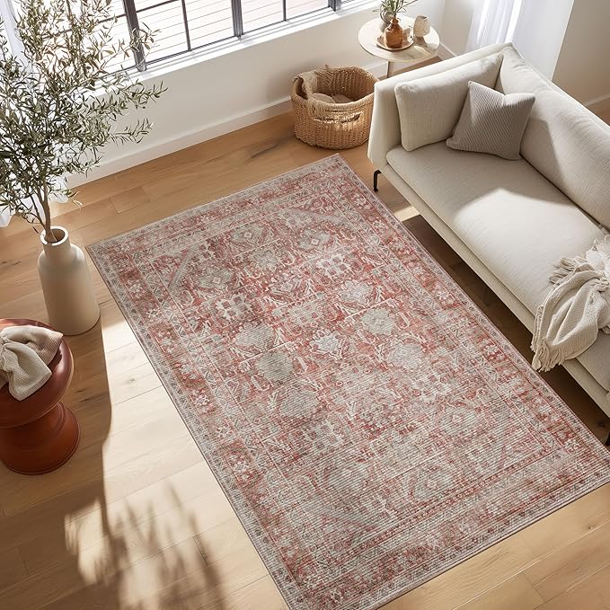 Kuden 6x9 Area Rug, Machine Washable Area Rug with Non-Slip Backing, Vintage Style, Soft, Easy Clean, Low Pile Rug for Living Room, Bedroom, Dining Room