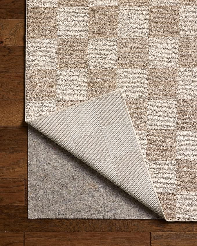 Loloi Chris Loves Julia Calvin Collection CLV-01 Pebble/Ivory 6'-3" x 9'-6" Area Rug Checkered Neutral Soft Living Room Bedroom Carpet
