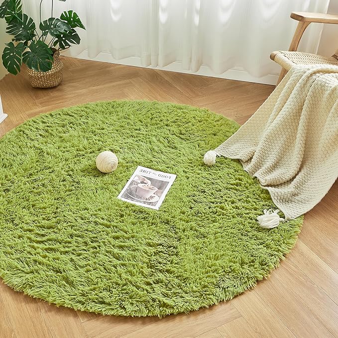 Andency Grass Green Round Area Rug for Bedroom, Soft Shag Circle Rug 6x6 for Room, Fluffy Faux Fur Carpet for Home Decor, Circular Fuzzy Plush Rug for Living Room, Playroom