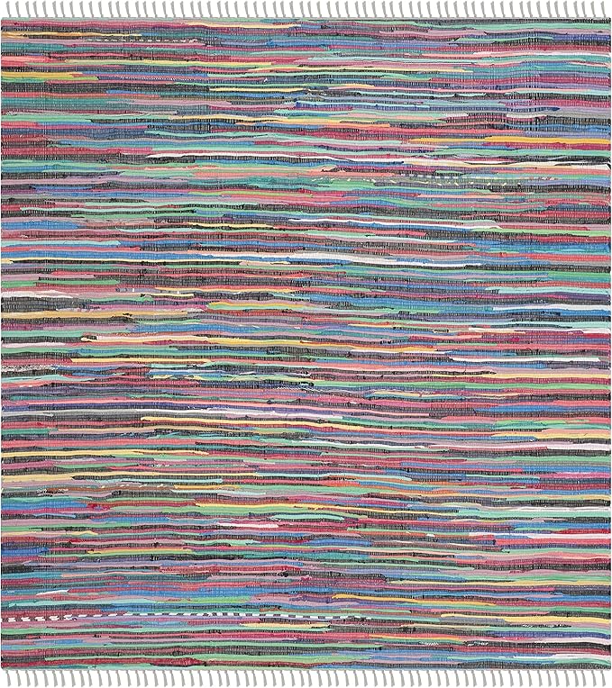 SAFAVIEH Rag Rug Collection Area Rug - 4' Square, Grey & Multi, Handmade Boho Stripe Cotton, Ideal for High Traffic Areas in Living Room, Bedroom (RAR121M)