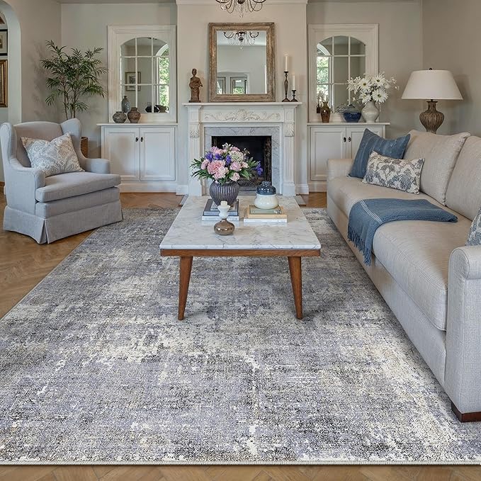 Machine Washable Area Rug 8x10 Grey Large Living Room Indoor Accent Rug Neutral Modern Abstract Low Pile Carpet Non Slip Distressed Throw Rug Bedroom Office Dining Room