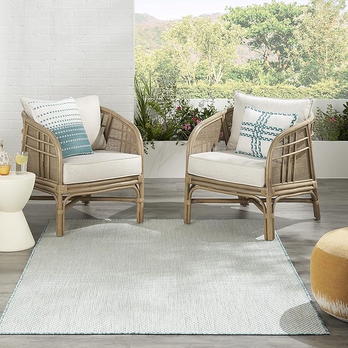 Nourison Home Courtyard Ivory Aqua 4' x 6' Area Rug - Easy Clean, Non Shedding, Bed Room, Living Room, Dining Room, Kitchen (4' x 6')