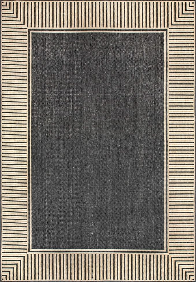 Nuloom Asha Dark Grey/Ivory, 9'6" x 12', Casual, Striped Border, Soft and Cozy, High Traffic, Stain Resistant, Easy Clean, Durable Area Rug for Indoor/Outdoor Patio, Deck, Porch, Garden, Courtyard