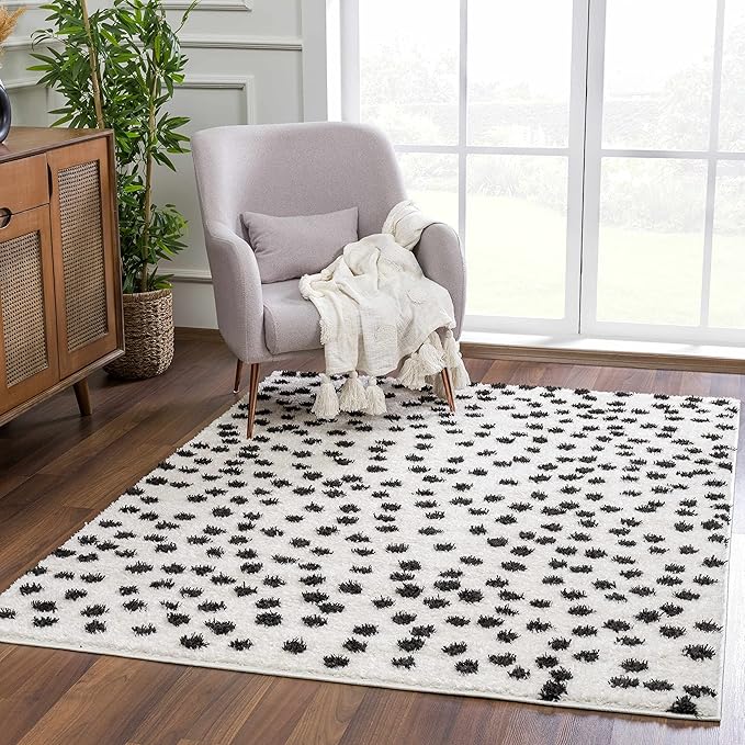 Hauteloom Tilos Dalmatian Small Shag Area Rug Door Mat - Shaggy Carpet - Dot Pattern - High Plush Pile - Black, White - 2' x 3'