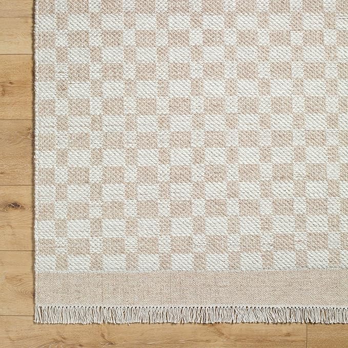 Mark&Day Wool Rugs, 4x6 Clinten Solid and Border Tan Checkered Rug, Tan Ivory Carpet for Living Room, Bedroom or Kitchen (3'6" x 5'6")
