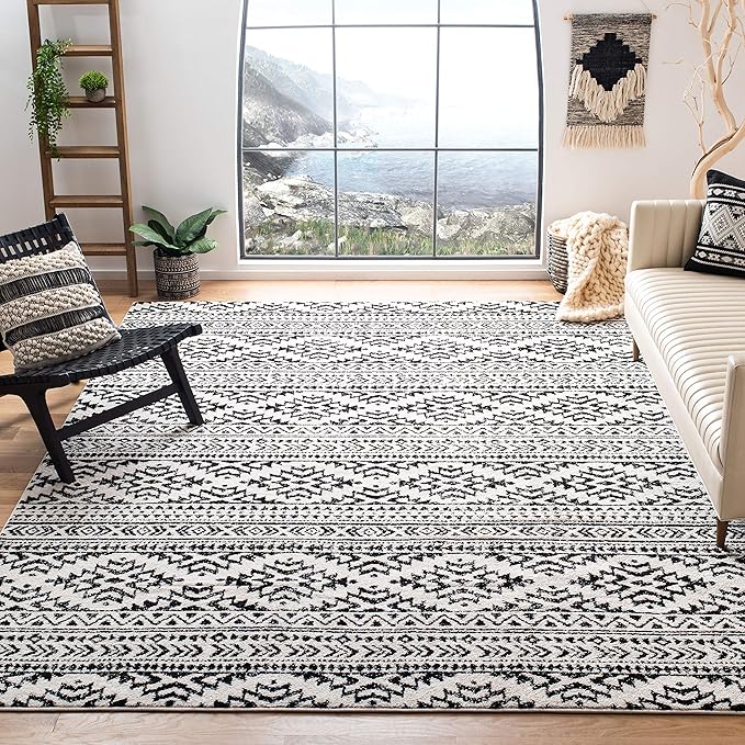 SAFAVIEH Area Rug 8x10 - Tulum Collection - Large - Ivory & Black, Moroccan Boho Tribal Design, Non-Shedding & Easy to Clean, Ideal for Living Room, Bedroom, Dining Space (TUL272B)