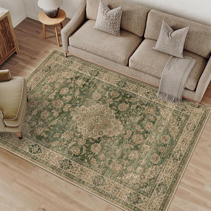 HUGEAR 4x6 Entryway Area Rug Retro Green Small Rug Machine Washable Door Mat Vintage Floral Low Pile Carpet Distressed Throw Rug Entrance Kitchen Bedroom Bathroom Office Non Slip Soft Lightweight