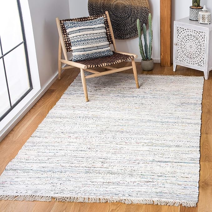 SAFAVIEH Rag Rug Collection Area Rug - 6' Square, Ivory & Multi, Handmade Boho Stripe Cotton, Ideal for High Traffic Areas in Living Room, Bedroom (RAR121G)