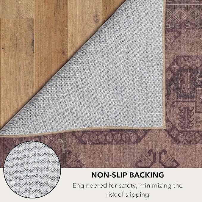 Kuden 2'6"x7' Runner Rug, Machine Washable Area Rug with Non-Slip Backing, Vintage Style, Soft, Easy Clean, Low Pile Rug for Hallway, Entryway, Kitchen, Bedroom